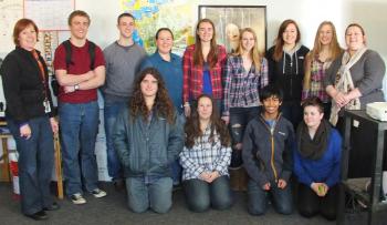 This group of Boothbay area students and teachers is off to France in April. Pictured from left, front row: Ben Betts, Dana Greenleaf, Kyle Alamo and Mariah Carreira. Back row: teacher Paulette Carter, Zachary Vise, Colin Thompson, Evie Greenleaf, Hannah Brewer, Emma Rideout, Lindsey Buckingham, Samantha Carter and teacher Nathalie (Madame) Gorey. Missing from the photo are Nicole LaBrecque and Lisa Hallinan. SUZI THAYER/Boothbay Register