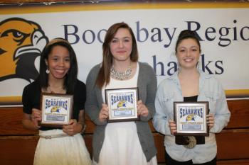 Cheerleading plaque winners, from left, Kaia Groneng, Lindsey Buckingham and Hannah Winslow. KEVIN BURNHAM/Boothbay Register cheerleading
