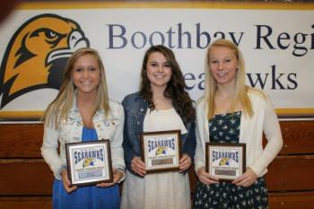 Girls basketball plaque winners, from left, Sara Durgan, Brooke Alley and Morgan Crocker. KEVIN BURNHAM/Boothbay Register basketball