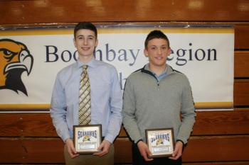Boys basketball plaque winners, from left, Joseph DiMauro and Andrew Hallinan. Missing was Abel Bryer. KEVIN BURNHAM/Boothbay Register basketball