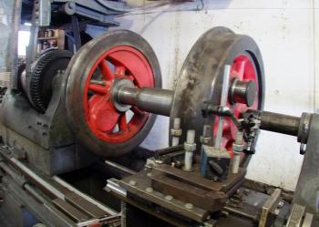 THIS LATHE from the 1890s was made in Maine and is used for turning and maintaining the “tires.” SUZI THAYER/Boothbay Register