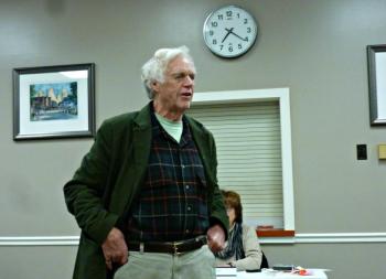 Bob Horne of Boothbay Harbor urges the town to not let the old tennis courts become more parking. KATRINA CLARK/Boothbay Register