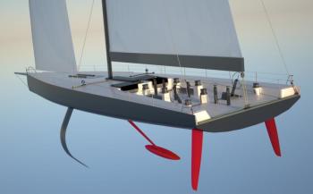 The artist rendering of the Super Maxi race yacht code named NewCubed. The vessel was designed by French firms VPLP and Guillaume Verdier. Courtesy of Hodgdon Yachts