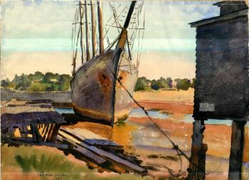 This circa 1937 watercolor of Mill Cove was one of Deane Keller’s numerous paintings from his Boothbay Harbor summers before and after his service as a “Monuments Man” in World War II Italy. Courtesy of the Keller family Mill Cove, Deane Keller watercolor, circa 1937