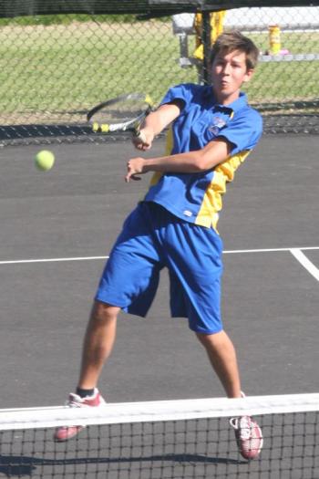 Second doubles player Vicente Haro-Hortelano stops a shot at the net. KEVIN BURNHAM/Boothbay Register