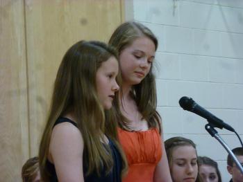Madison Gaudette and JoAnna Shaw speaking about what their time at Boothbay Region Elementary School has meant to them. KATRINA CLARK/Boothbay Register