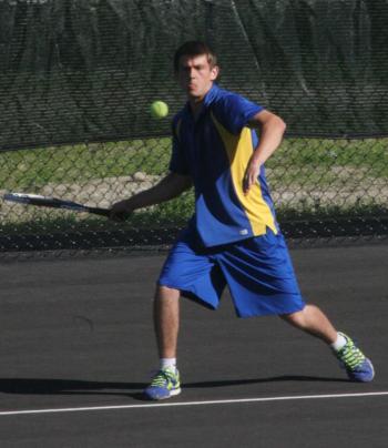 Second singles player Dan Drummond lines up a forehand shot. KEVIN BURNHAM/Boothbay Register