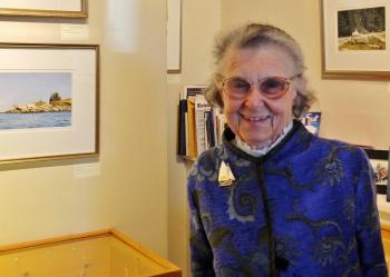 Artist and illustrator Consuelo Eames Hanks at the opening reception for her exhibit at Gold/Smith Gallery in Boothbay Harbor on May 31. LISA KRISTOFF/Boothbay Register