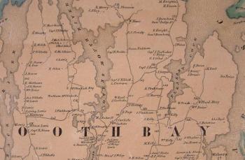 This portion of the 1857 county map shows Kelley Brook at the bottom of Pleasant Cove. Road names didn't exist in town until the 1880s and the spelling of names was still unimportant. Proceeding west from Pleasant Cove to Back River, the town road between "S.H." (schoolhouse) and "J. Kelly" still passed over the old Kelley dam decades after the mill was discontinued. Hardwick Road is between "J. Pinkham" and "T. Cleasby." The road between "J. McDougal" and "S. Wyley" crossed the millsite below Ovens Mouth River, but above the Adams mills below. The road between "I. Pinkham" and "A. Matthews" terminated at present Back River Road.