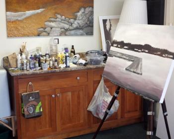 NATHAN CAMPBELL’S work station, in a corner of his new studio/gallery at 26 Atlantic Avenue in Boothbay Harbor. SUZI THAYER/Boothbay Register