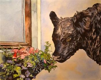 "sniffing flowers of blue white and red" by Thomas Block