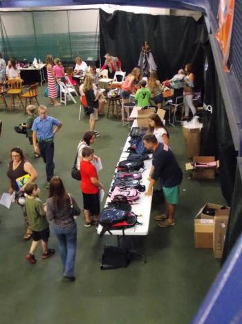 The backpack table. Backpacks are the hardest item to collect, and the group asks that kids reuse backpacks from year-to-year if they are in good shape. KATRINA CLARK/Boothbay Register