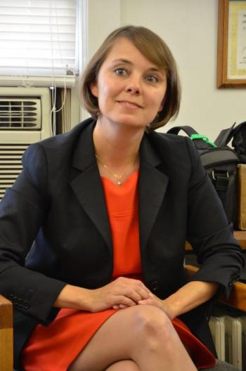 Democratic nominee for the U.S. Senate Shenna Bellows responds to a question in the Boothbay Register newsroom on Aug. 19. LYNDA CLANCY/Penbay Pilot Shenna Bellows