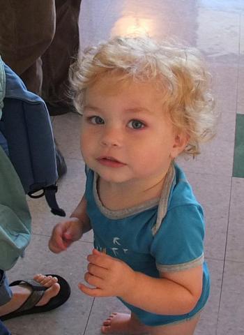 CHARLIE RECORD was too young to attend the new Montessori school, but came with parents Christine Selman and Nick Record, to help his sister Serafina get situated. SUZI THAYER/Boothbay Register