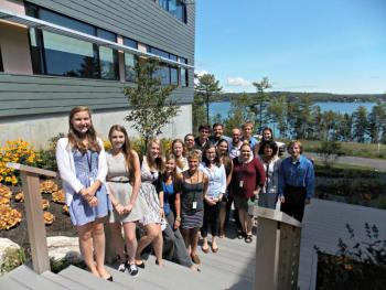 Students on the outside deck at Bigelow Labs. Clockwise from top left, Hallie Jester, Jessica Mayhew, Alicia Hoeglund, Brianna Adams, Lizzy Tonkin, Nicholas Marquis, David Fidley, Devin Page, Stephen Blanchard, Cody Funkhouser, Allison Sharrar, Daniel Seidman, Sonia Vargas, Amy Webb, Sarah Erskine, Elizabeth Allen and Alexa Williams. KATRINA CLARK/Boothbay Register
