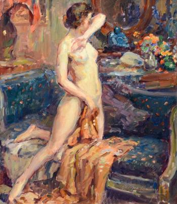 Georges Ferdinand Lemmers (Belgian, 1871-1944), “In Her Boudoir,” oil on panel, 13 7/8 by 12 inches, is one of the works included in the new show at the Wiscasset Bay Gallery, August 16 through September 30.