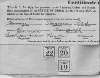 One of four pages from Virginia Gamage's 1942 ration book with a few perforated stamps still attached. The other pages were taken up with penalties for misuse, certification and description of book holder, and name and place of the registrar with the local rationing board, one of 8,000 boards across the nation. Courtesy of the Boothbay Region Historical Society