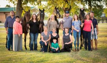 THE SEA VU FARM family competed in the Morgan Horse World and Grand National Championships in Oklahoma City, Oklahoma, from Oct. 11 -18. Pictured front, from left, are Joanne Lewis, Trainer Katie Yereance, Asst. Trainer Jackie Markee and Griffin Yereance. Back row, from left, are Kirby Martha and Marron Brown of Nova Scotia; Jenna and Brent MacDonald of Nova Scotia; and Buddy, Hali, Amy and Dusty Goodwin of Boothbay. Courtesy of Andy Illes