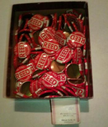 Campaign buttons for Gov. Reed (1959-67). JANE CARPENTER/Wiscasset Newspaper