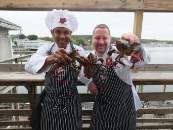 Chefs Dwayne Whitelocke, of Rocktide, left, and Steve Richards, of Mine Oyster, gear up for the Maine Lobster Chef of the Year competition in Portland on Oct. 24. Chef Margaret McLellan of Water’s Edge Banquet Center in Edgecomb, not pictured, will be the third chef from the Boothbay region. SUZI THAYER/Boothbay Register