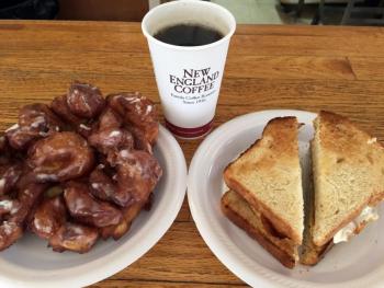 An apple fritter and breakfast sandwich from Baker’s Way. SUZI THAYER/Boothbay Register
