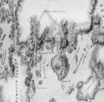 A SECTION of the 1772 Sproule map showing the simultaneous use of three of the names for our area. Winnegance Bay is now Linekin Bay; Townsend Harbor is Boothbay Harbor; Booth Bay meetinghouse site is now a small town park at Boothbay Center. The meetinghouse was both the church and town hall. Courtesy of the Boothbay Region Historical Society
