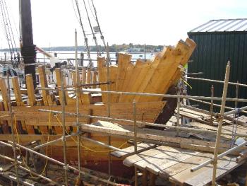 THE “BEFORE” picture of the ‘Ernestina-Morrissey’ when it was docked at the Boothbay Harbor Shipyard five years ago. The famed schooner will make its way back to Boothbay Harbor for a more thorough restoration. Courtesy of Eric Graves