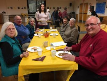 A group of “Active Older Adults” enjoys a Thanksgiving breakfast at the YMCA on Nov. 17. From left: Nancy Aho, Howard and Dee Wright, Rose Mooney (serving), Sandra Thibault, Corinne Gould and Phil Tripodi. SUZI THAYER/Boothbay Register