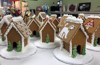 Gingerbread houses were in all stages of completion at Patricia Moroz’s workshop on Nov. 26. SUZI THAYER/Boothbay Register