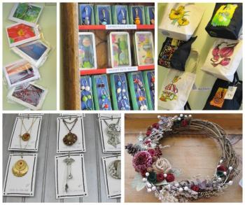 Some of the items to be found at Rising Tide’s second annual Holiday Gift Show are, from top, left, clockwise from top: cards by Lisa Haag Workman, jewelry and wine charms by Ellen Whalley, screenprinted canvas bags by Roz Davis; wreaths by Roz Davis and Steampunk jewelry by Stephanie Lane. Elya Markert image