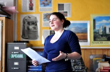 Clara Mugnai reading her poem "What if?" during the poetry slam on Friday. BEN BULKELEY/Wiscasset Newspaper