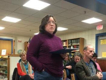 Teacher Karol Clark talks to the board about why she became a teacher. KATRINA CLARK/Boothbay Register