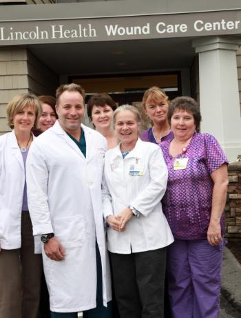 LincolnHealth Wound Care Center staff are, from left, front row: Bonnie Rademacher-Flis, NP; Dr. Mark Mainella, DO, Medical Director; Susan Papineau, RN, WCC, Clinical Coordinator, and Wendy Wood, CNA. In the second row, from left, are: Rachael Bathgate, Administrative; Terry Crosby, RN, and Judi Olson, RN. Courtesy of Alan Crowell