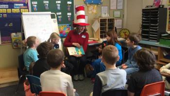 Kathy Campbell reads “Green Eggs and Ham” to Mrs. Sceviour’s 3rd grade class. KATRINA CLARK/Boothbay Register