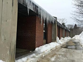 Icicles are constantly reforming over the doors leading outside, causing a hazard should they break off when someone walks beneath them. KATRINA CLARK/Boothbay Register