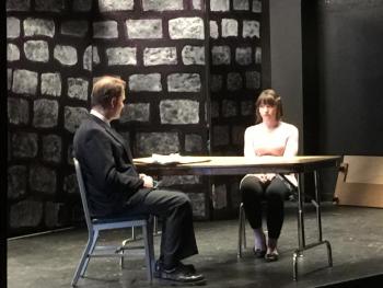 Tom Kee, left, plays an authority figure Nelson in the play “Think Twice.” Kim Waller, right, plays a junior in high school named Melody. KATRINA CLARK/Boothbay Register
