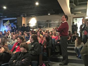Tom Kee stands next to students as actress Kim Waller talks about the ramifications cyberbulling can have on a person’s future. KATRINA CLARK/Boothbay Register
