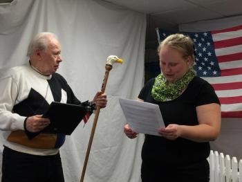 James Craig, left, admires his new cane while Amylynn Balsdon, right, talks about his service in the Navy. KATRINA CLARK/Boothbay Register