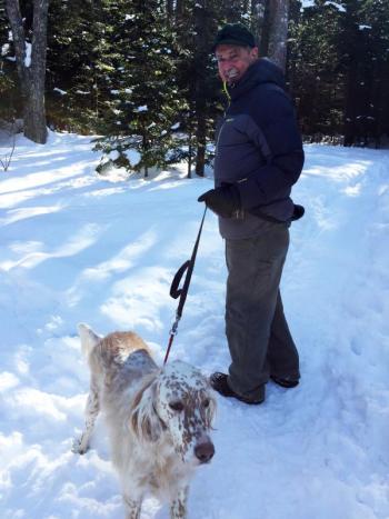Gary Clarke and his dog, Addie, came from Cushing for the hike. SUZI THAYER/Boothbay Register