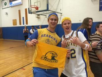 Seniors Collin Thompson and Aaron Dickinson show off their Seahawk pride during the school spirit challenge pep rally. KATRINA CLARK/Boothbay Register
