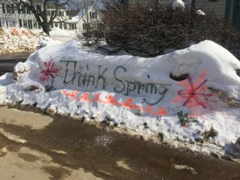 Customers smile and honk as they drive past the message in front of The First National’s Bank entrance, spray-painted by customer service representative and branch supervisor Tammy Serrano. KATRINA CLARK/Boothbay Register