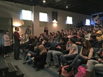 Kim Waller and Tom Kee, far left, discuss the meaning of the play they just performed called “Think Twice” with BRHS students. KATRINA CLARK/Boothbay Register