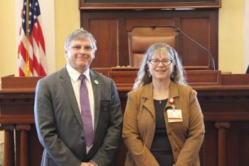Sen. Chris Johnson welcomes Dr. Joann Kaplan, MD, of Newcastle as “Doctor of the Day” during a recent legislative session. The “Doctor of the Day” program, which was created in 1996, gives medical professionals from around the state an opportunity to meet and interact with legislators at the State House. Courtesy of Sen. Chris Johnson