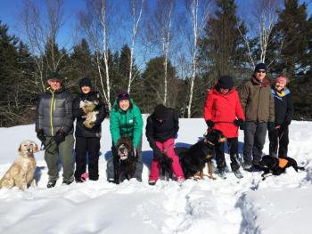 Six dogs and their humans took an hour hike at Penny Lake Preserve in Boothbay Harbor on Feb. 27. Left to right: Addie, Gary and Ida Clarke, with Elliot; Tracey and Cedar Hall; Diane and Jackson Gilman; Ellen and Jarhead Kearns; and Andy Abello, Amanda Russell and Maude. SUZI THAYER/Boothbay Register