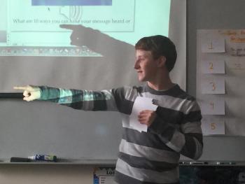 Student Nick Powers from Schenck High School runs a session on bringing a youthful voice to the community. KATRINA CLARK/Boothbay Register