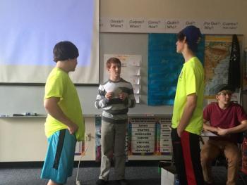 Student Nick Powers from Schenck High School leads a session on Student Advocacy. Here he pairs Cameron Crocker with Grant Giles in a game. KATRINA CLARK/Boothbay Register