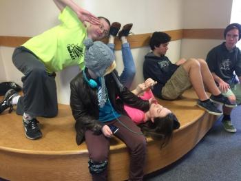 The student Health Advisory Group goofing off. From left: Nick Simpson, Kenny Hicks, Lillian Sherburne, Sam Betts and Noah Sherburne. KATRINA CLARK/Boothbay Register