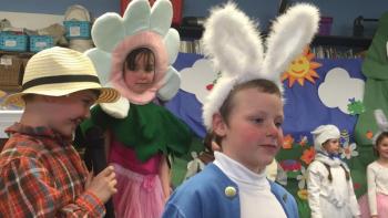 Mr. McGregor’s (Cole Hyson, left) sings a song about catching Peter Rabbit (Aiden Wolfe, right) and turning him into a rabbit stew. Pink Flower, behind, is played by Aubrey Holmes. KATRINA CLARK/Boothbay Register