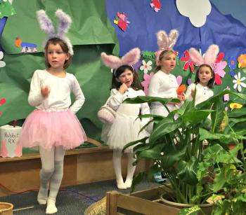 The rabbit family. From left: Mother Rabbit (Beatrix Recoing-Tallen), Flopsy (Ava McDuff), Mopsy (Ally Warren), and Cottontail (Azara Bishop). KATRINA CLARK/Boothbay Register