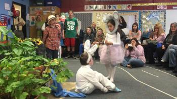 A Mouse played by Lexi Hughes tries to give Peter Rabbit (Aiden Wolfe) directions to the gate in Mr. McGregor’s garden. KATRINA CLARK/Boothbay Register